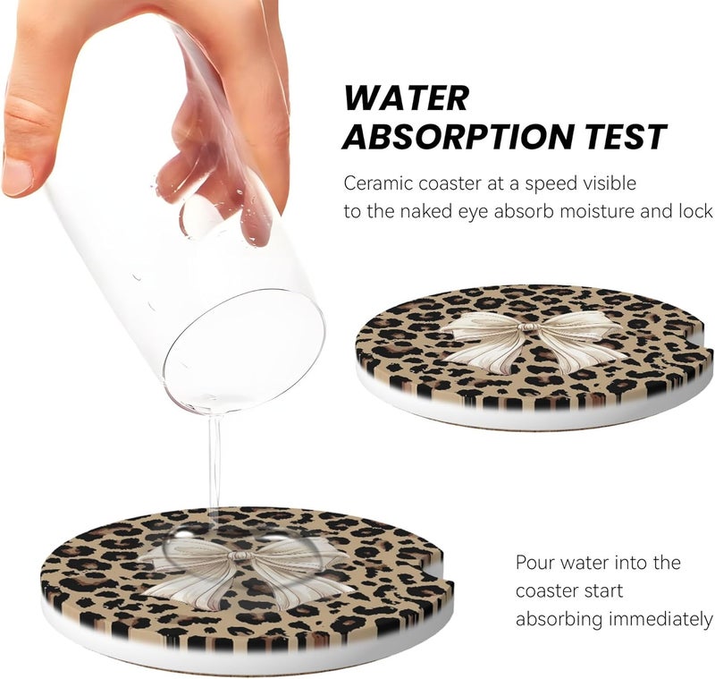 CTVSLFU Absorbent Car Coasters for Cup Holders, 2 Pack Universal Anti Slip Ceramic Cup Coaster for Women Men 2.56 Inch Car Interior Accessories - Bow Tie Brown Leopard 007 - Image 4
